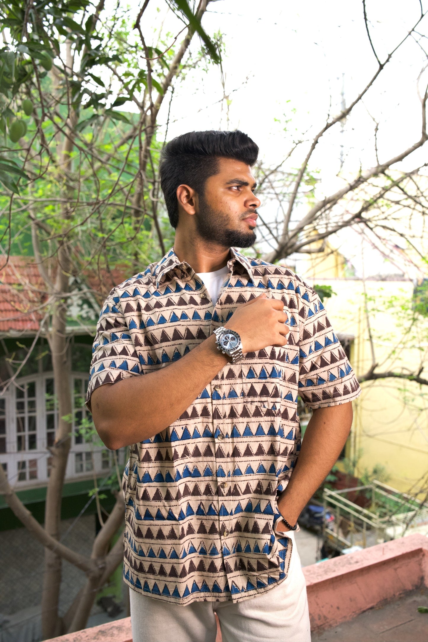 KALAMKARI INDIGO TRIANGLE SHIRT