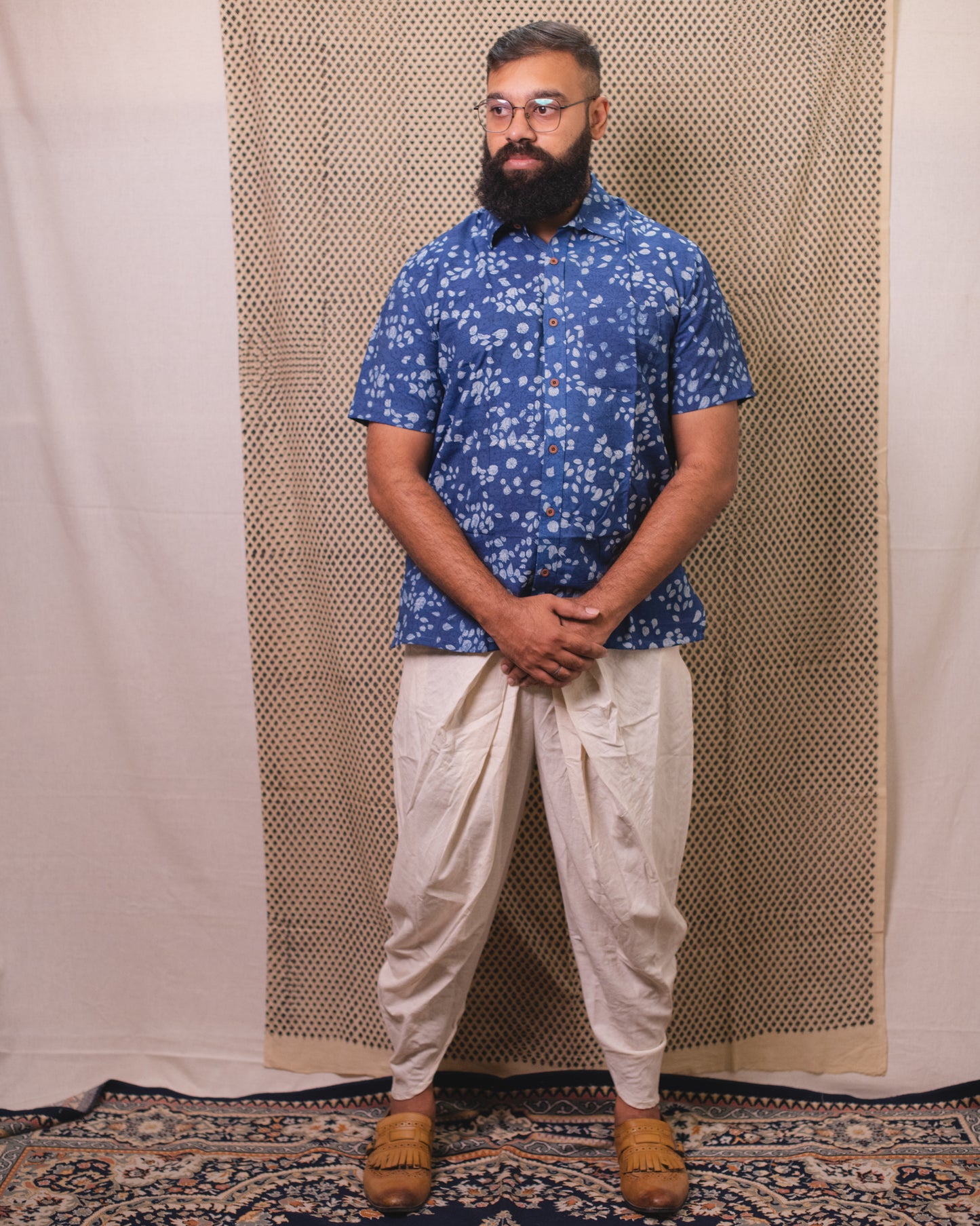 INDIGO FLORAL SLUB SHIRT