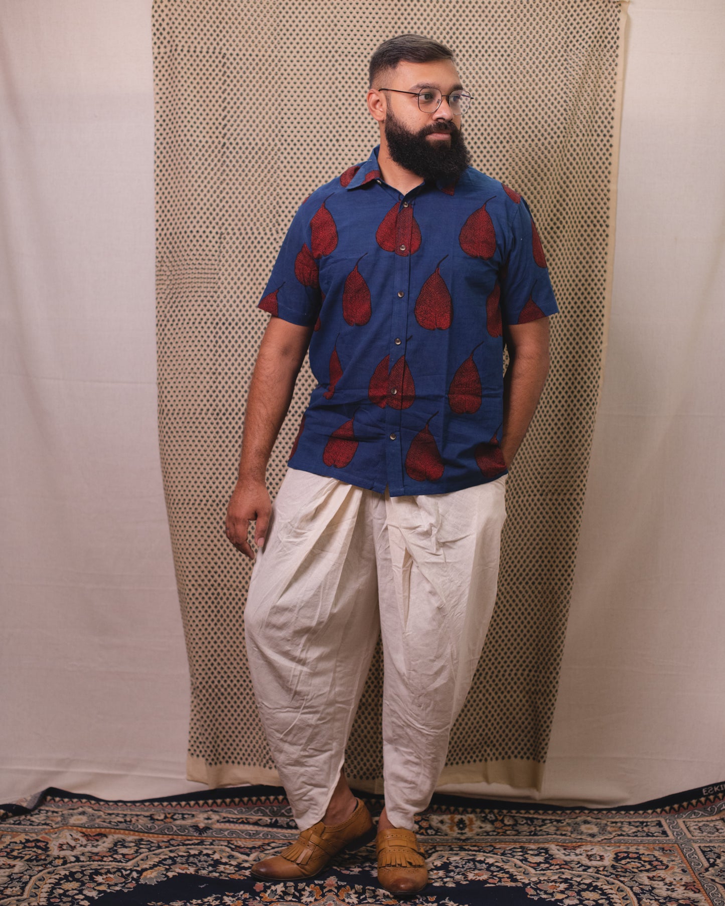 AJRAKH INDIGO MAROON LEAF SHIRT