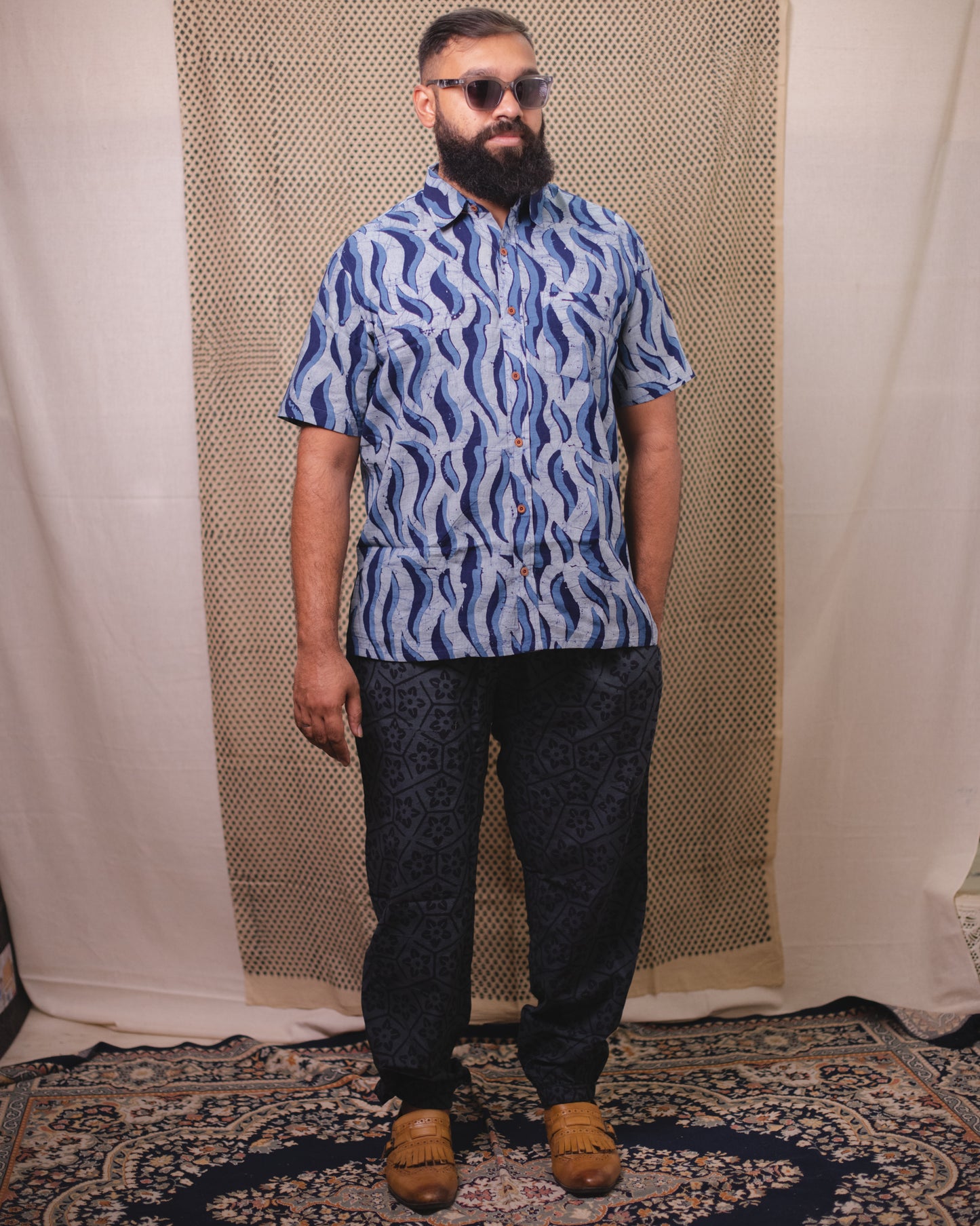 BATIK INDIGO ABSTRACT WAVE SHIRT