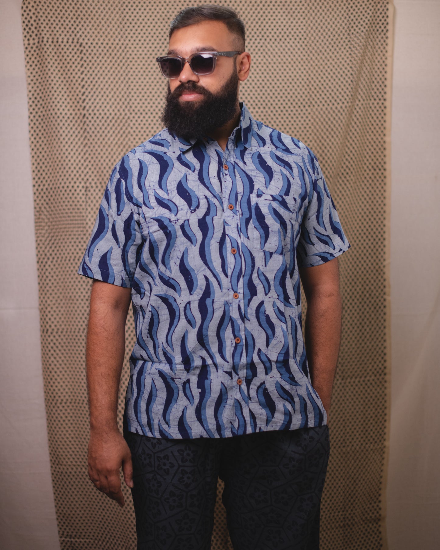 BATIK INDIGO ABSTRACT WAVE SHIRT
