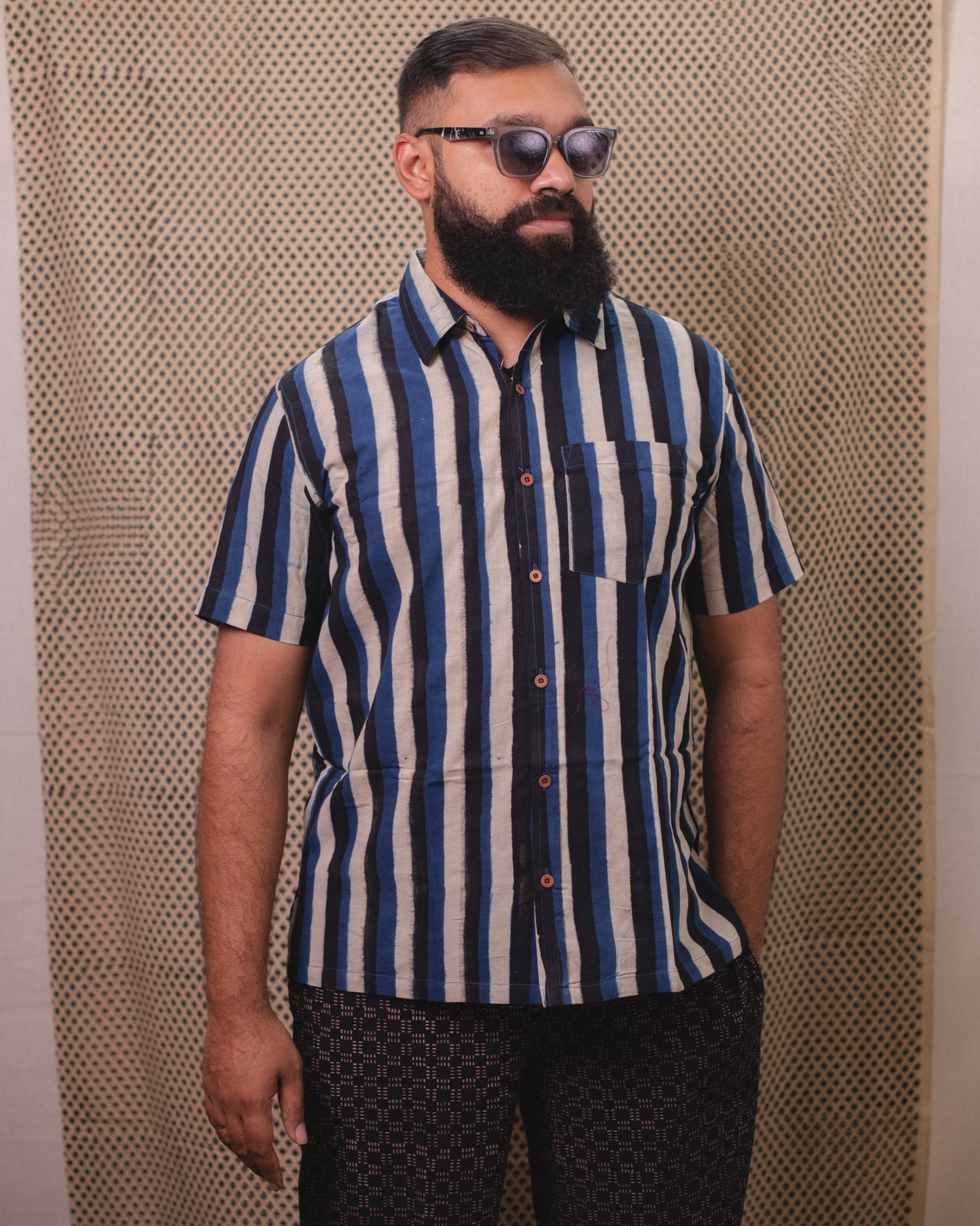 AJRAKH TRI INDIGO STRIPES SHIRT