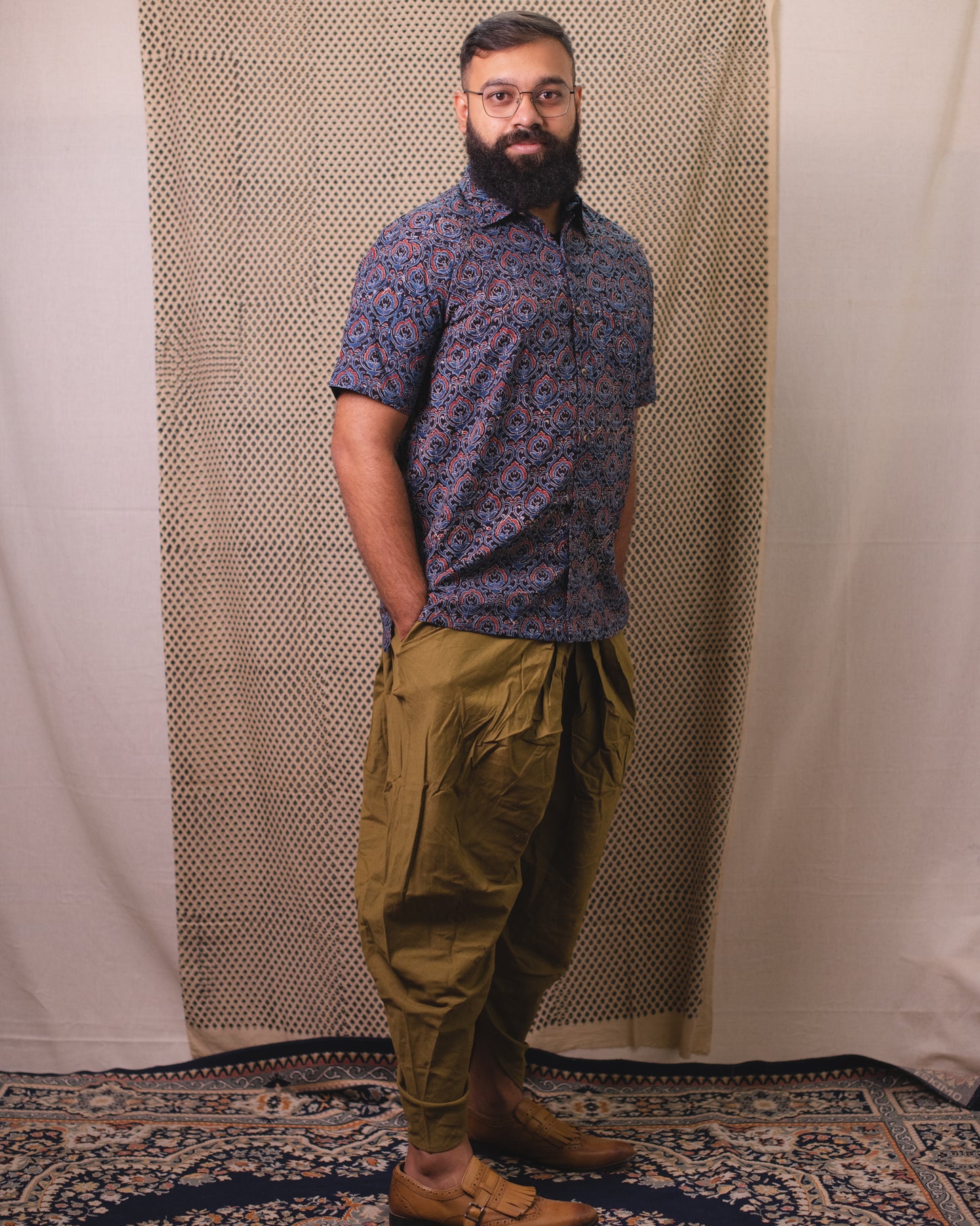 AJRAKH INDIGO MAROON LANTERN SHIRT