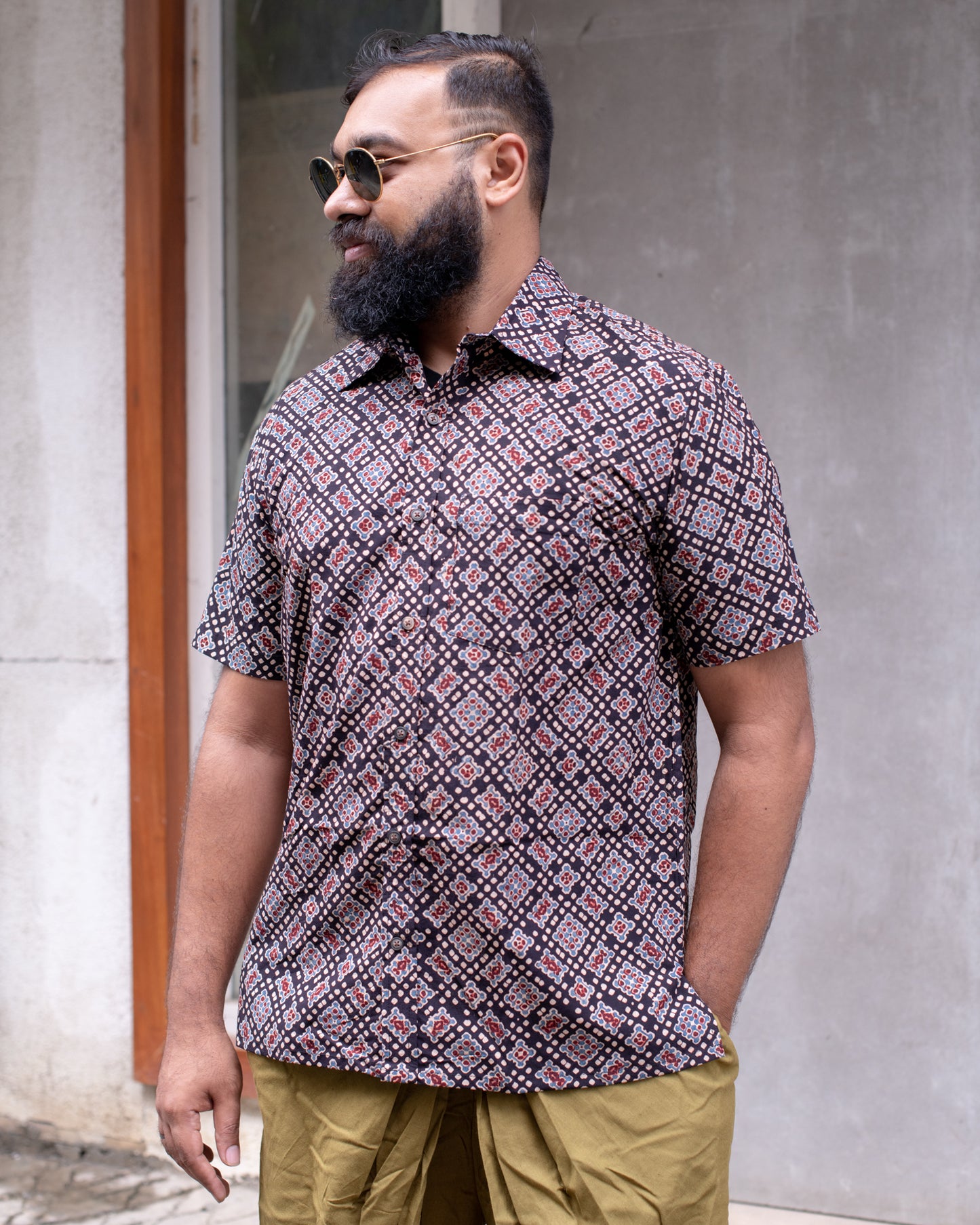 AJRAKH BLACK SQUARE DOTS SHIRT