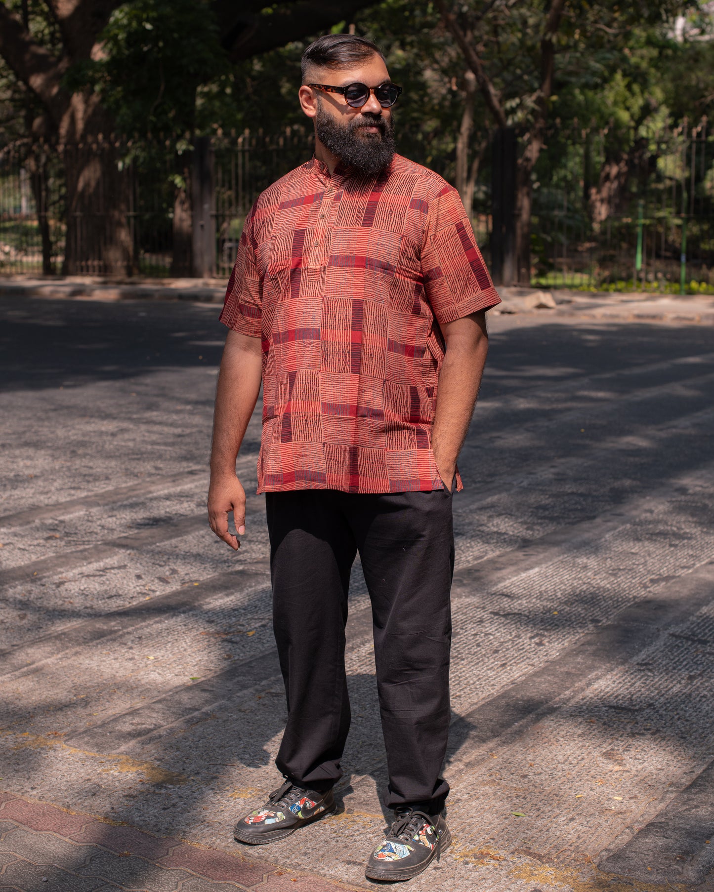 AJRAKH MAROON BRICK SHORT KURTA