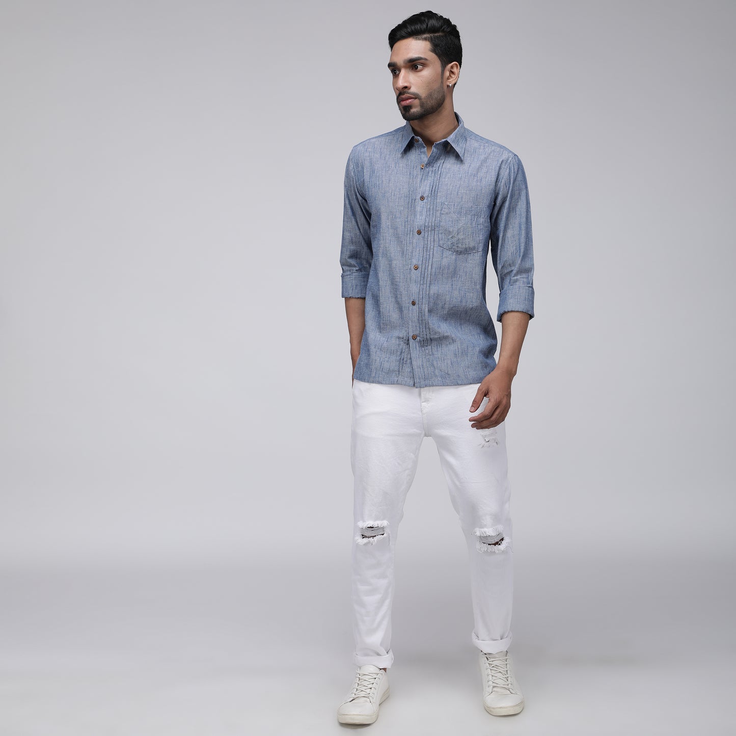 INDIGO PINTUCK SLUB SHIRT