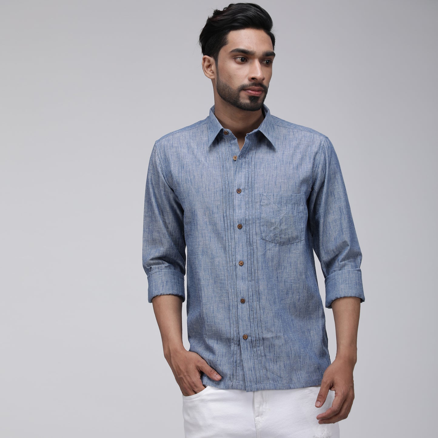 INDIGO PINTUCK SLUB SHIRT