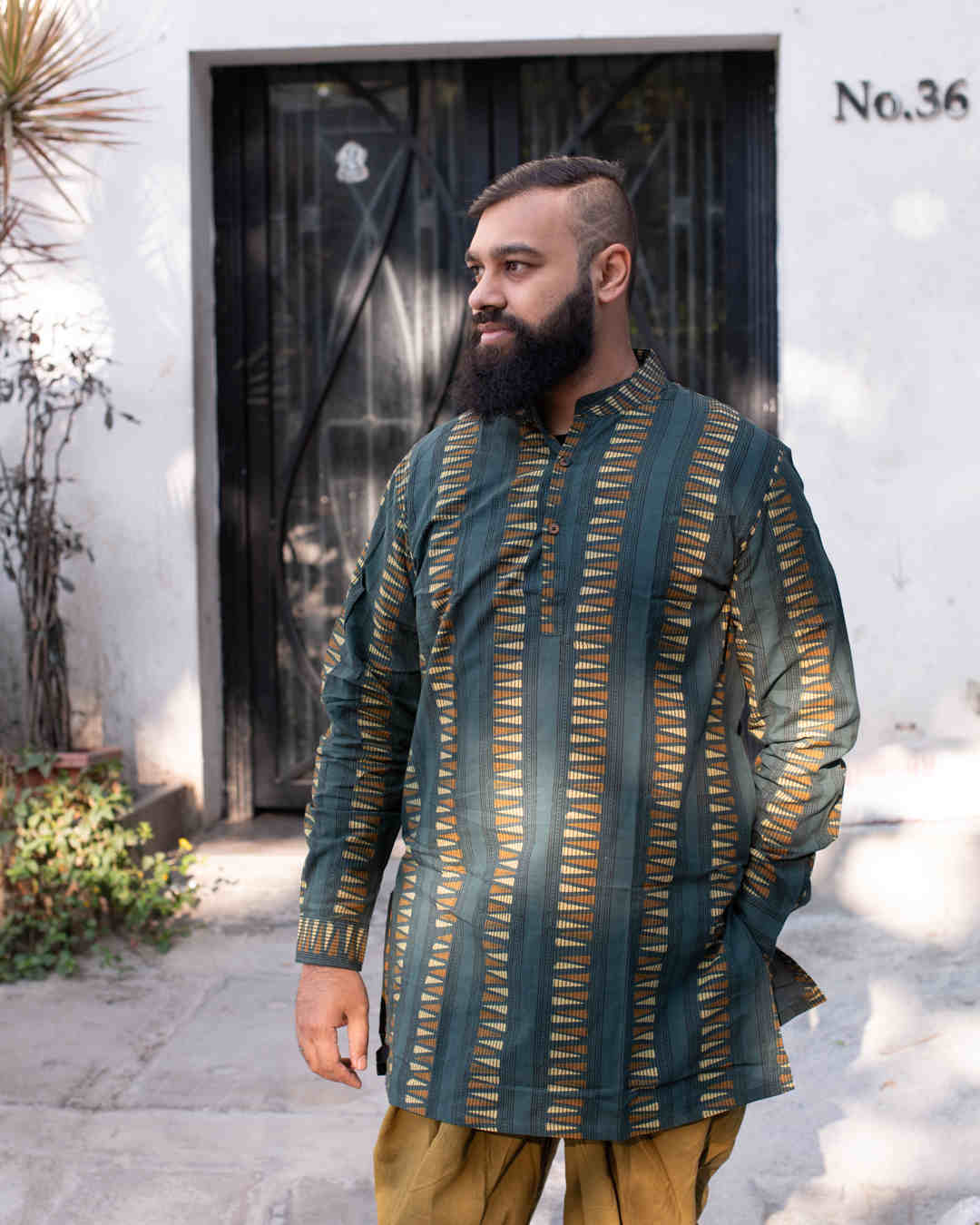 AJRAKH GREEN STRIPES KURTA