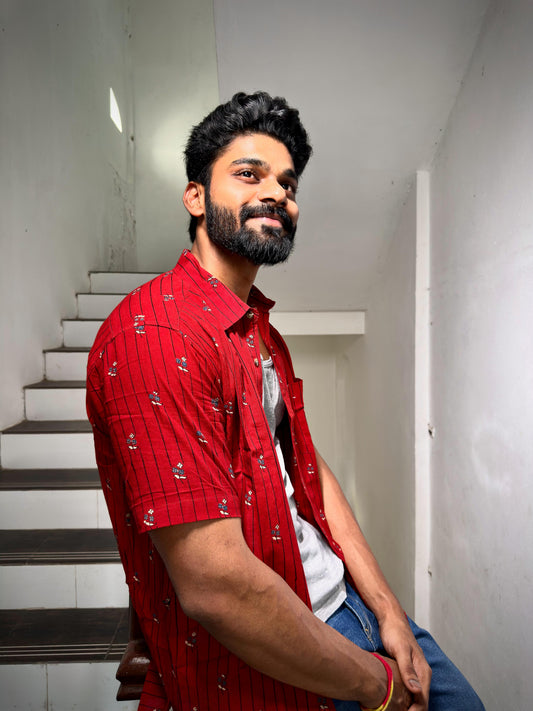 AJRAKH RED LINES FLORAL SHIRT