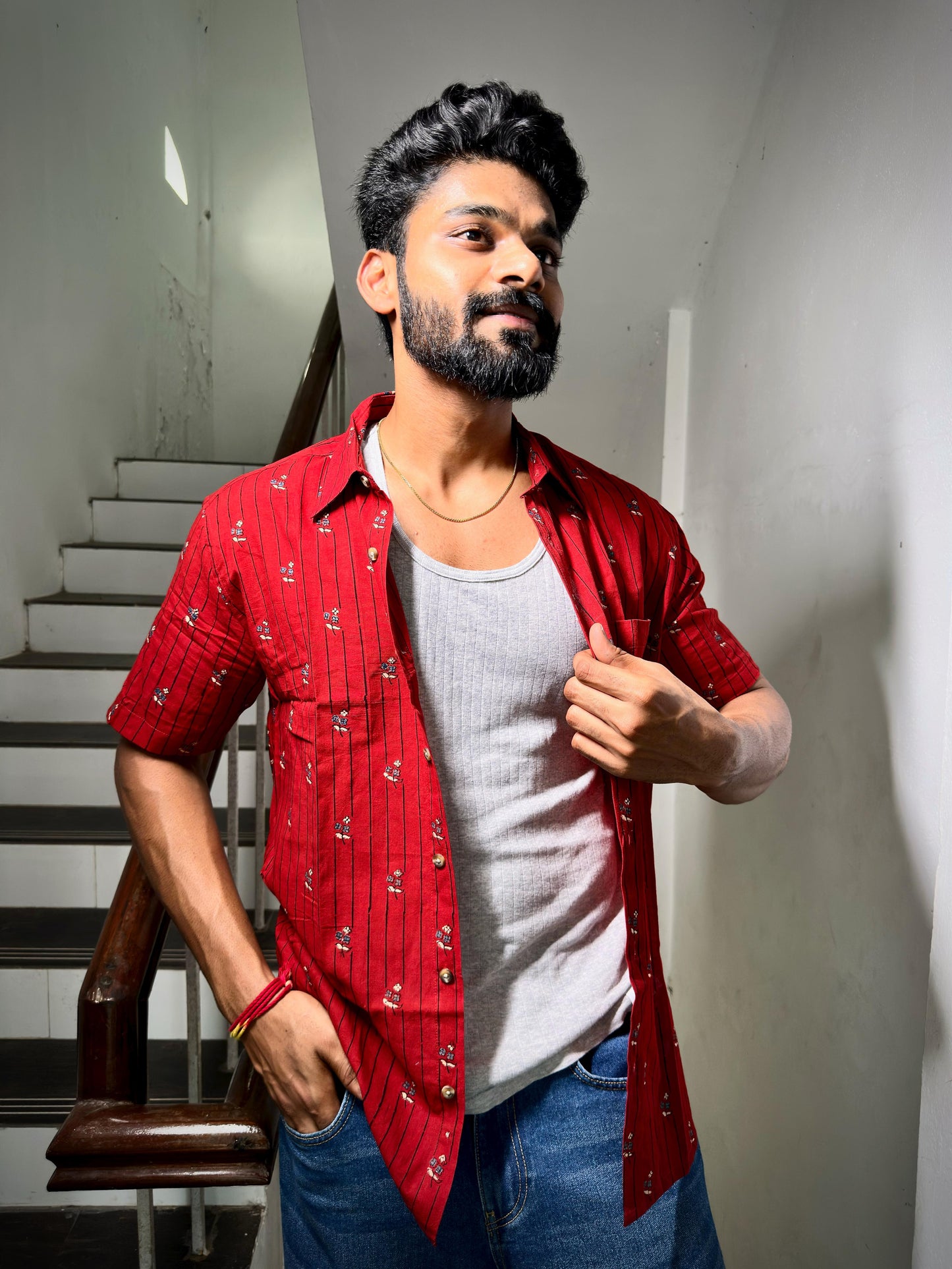 AJRAKH RED LINES FLORAL SHIRT