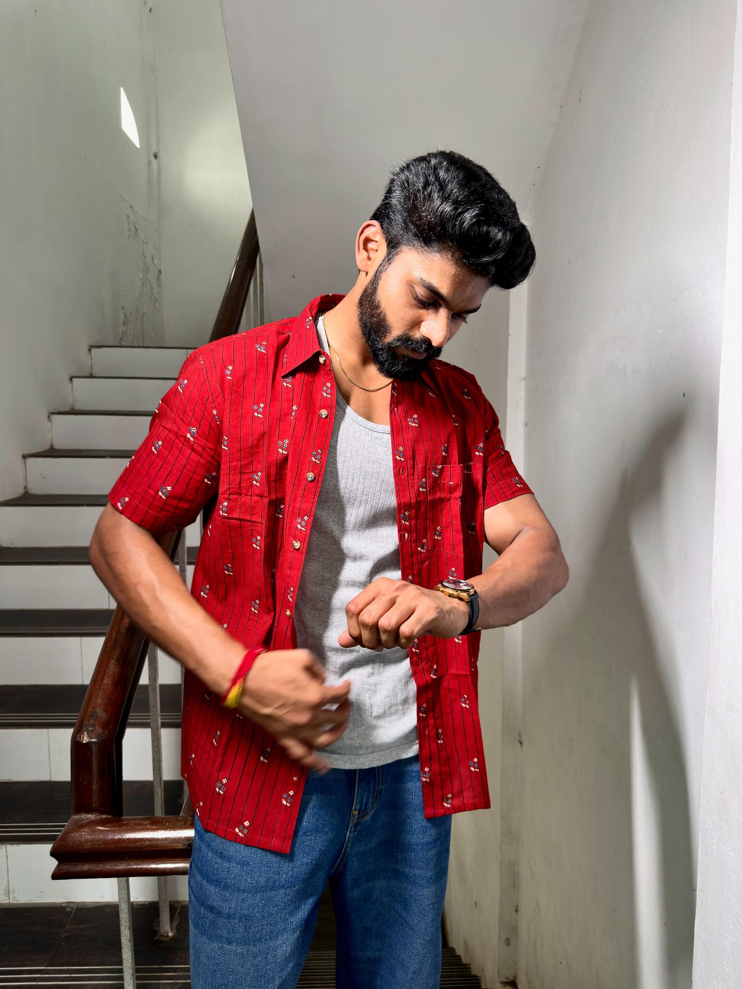 AJRAKH RED LINES FLORAL SHIRT