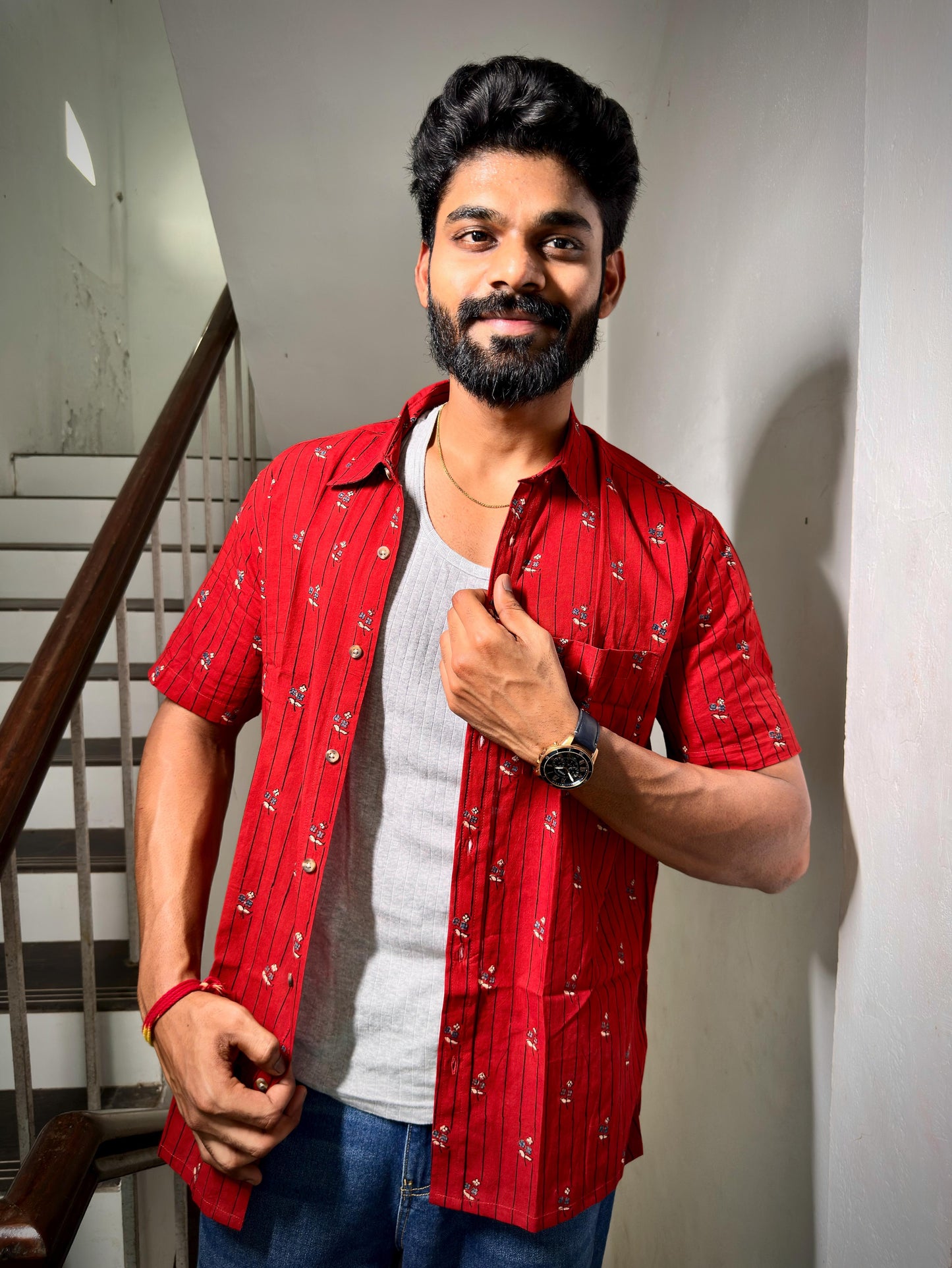 AJRAKH RED LINES FLORAL SHIRT