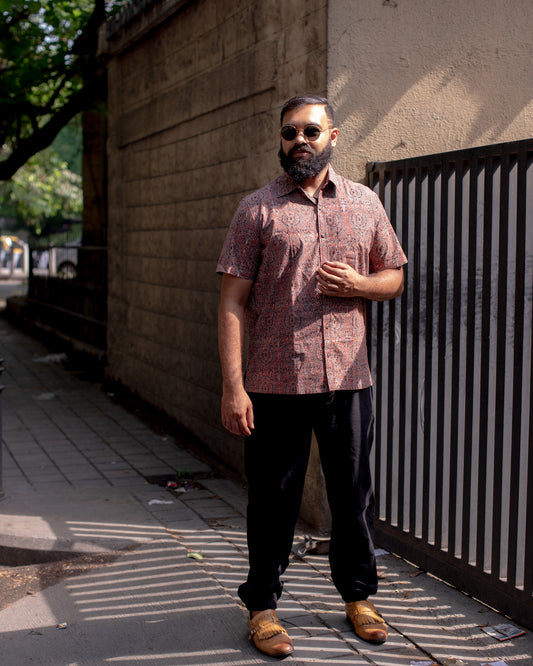 AJRAKH BROWN ABSTRACT LOTUS SHIRT