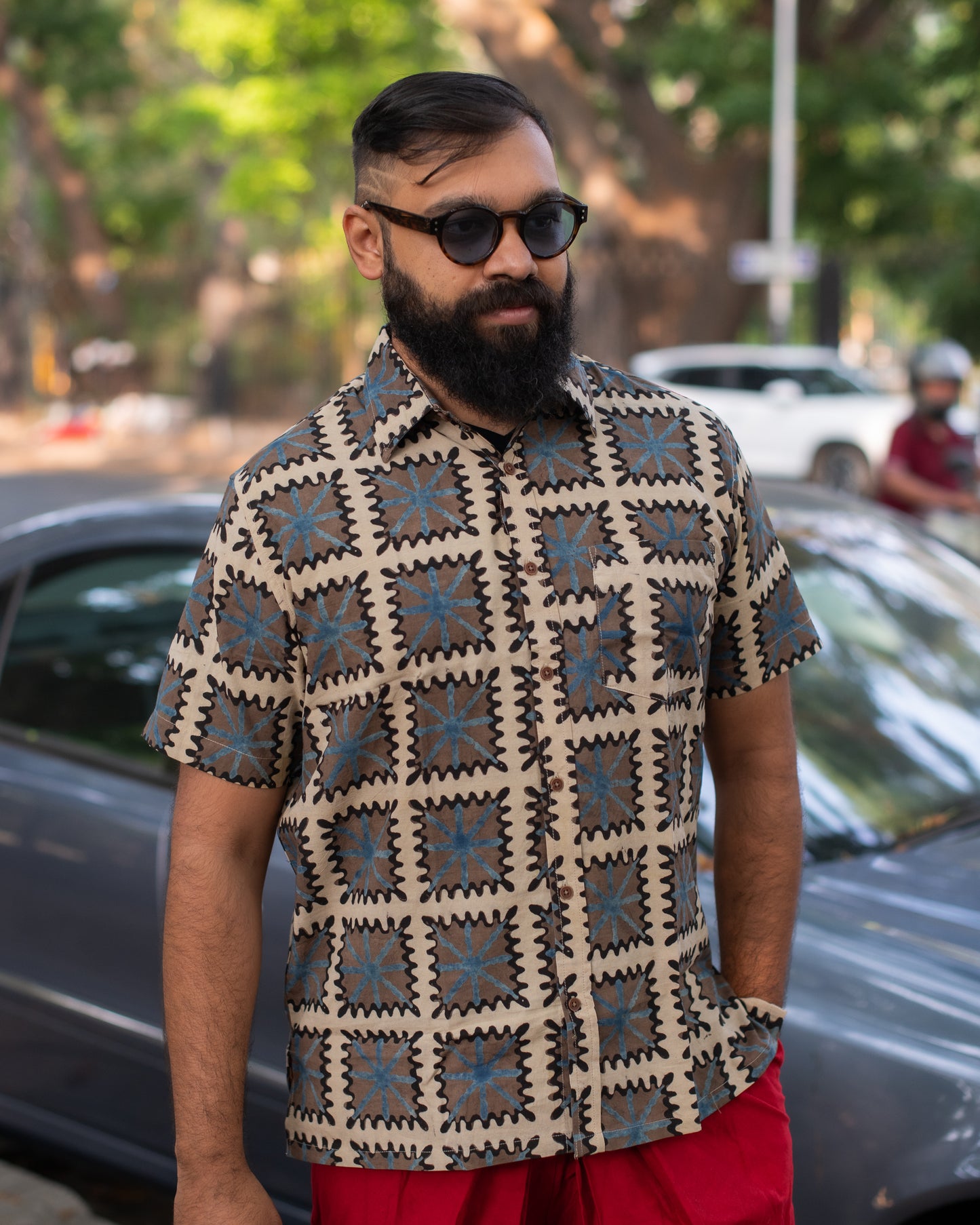 AJRAKH BEIGE ABSTRACT GEOMETRIC SHIRT