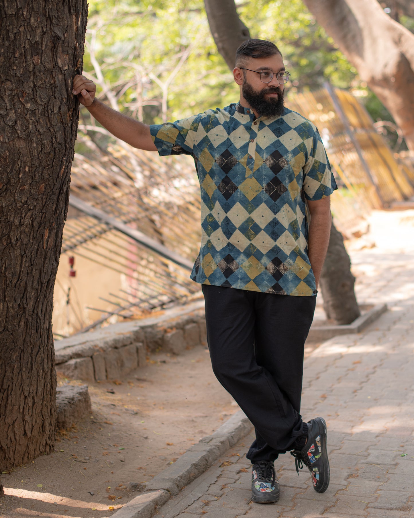 AJRAKH INDIGO GEOMETRIC SHORT KURTA