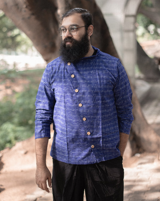 ROYAL BLUE abstract CHECKS IKKAT 7B SHIRT