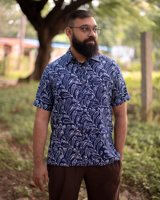 INDIGO ABSTRACT LEAVES BATIK SHIRT