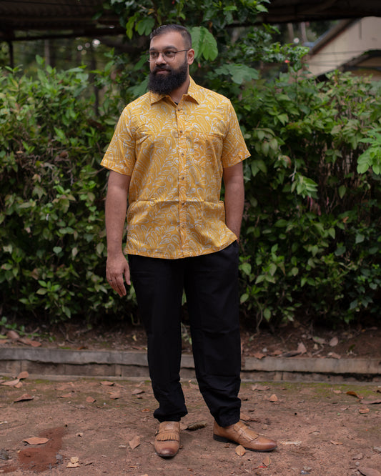 YELLOW ABSTRACT LEAVES BATIK SHIRT