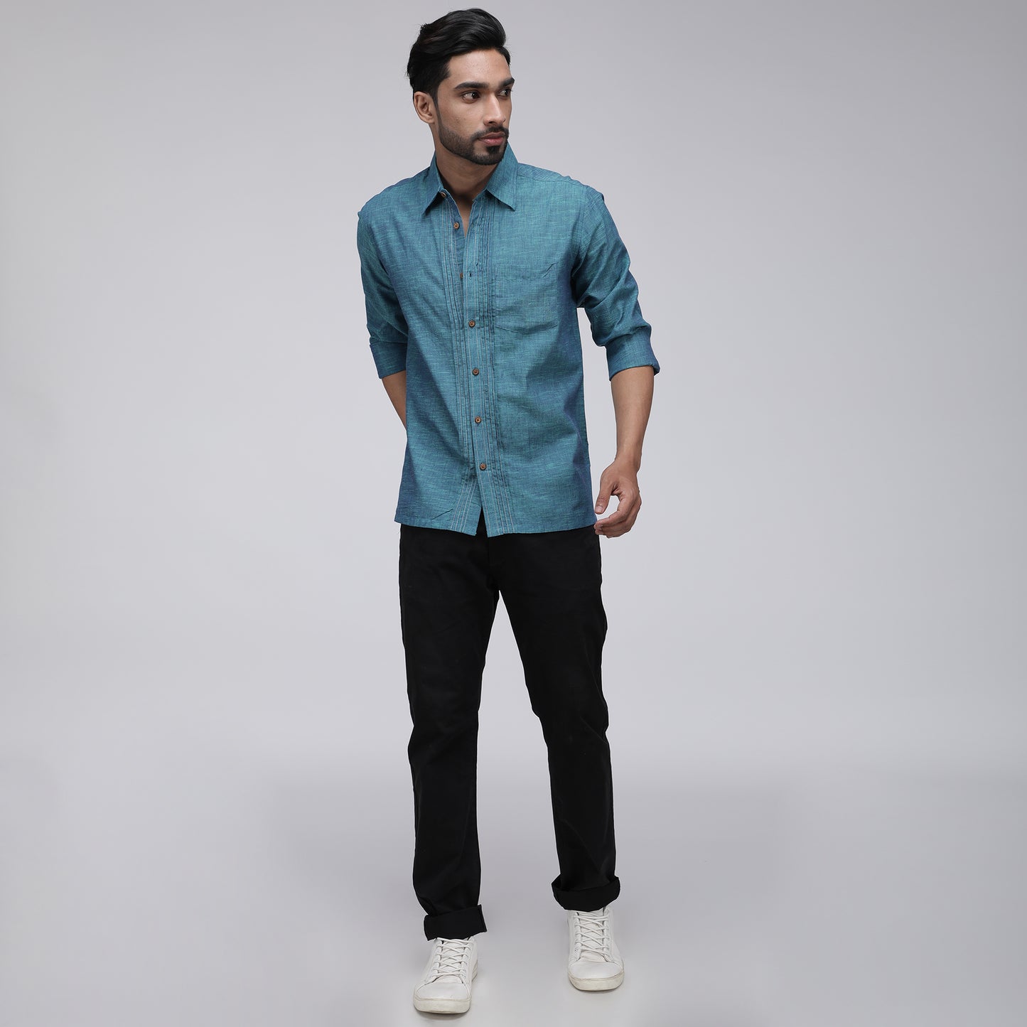 TURQUOISE PINTUCK SLUB SHIRT