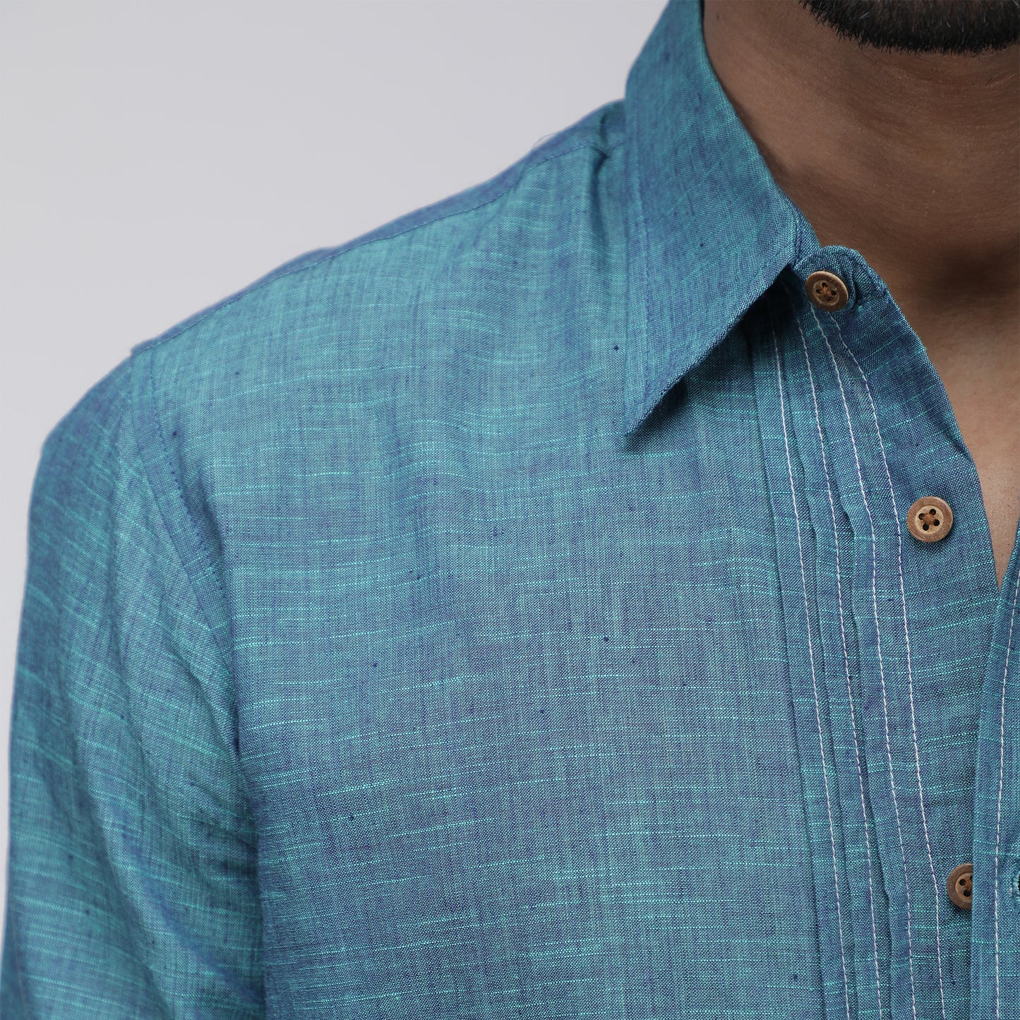 TURQUOISE PINTUCK SLUB SHIRT