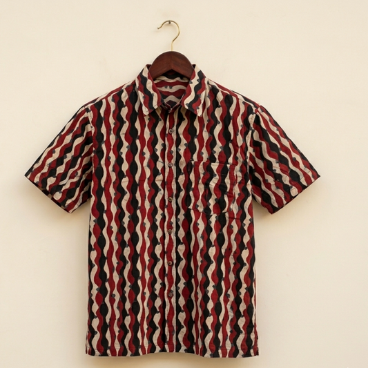 AJRAKH MAROON WAVES SHIRT