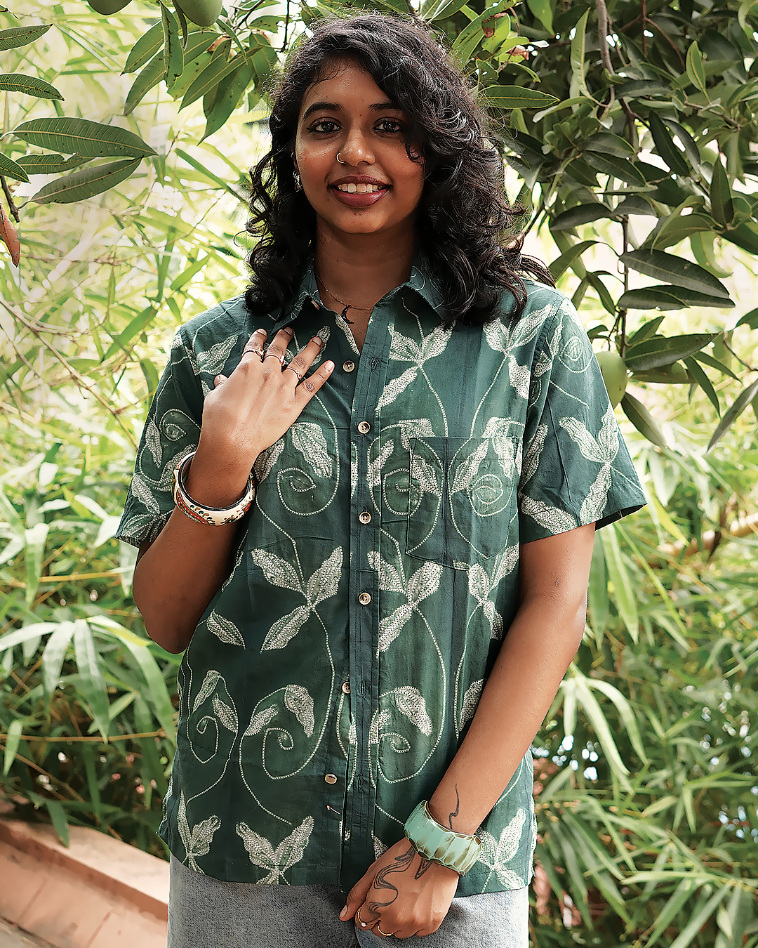 SHIBORI GREEN FLORAL SHIRT
