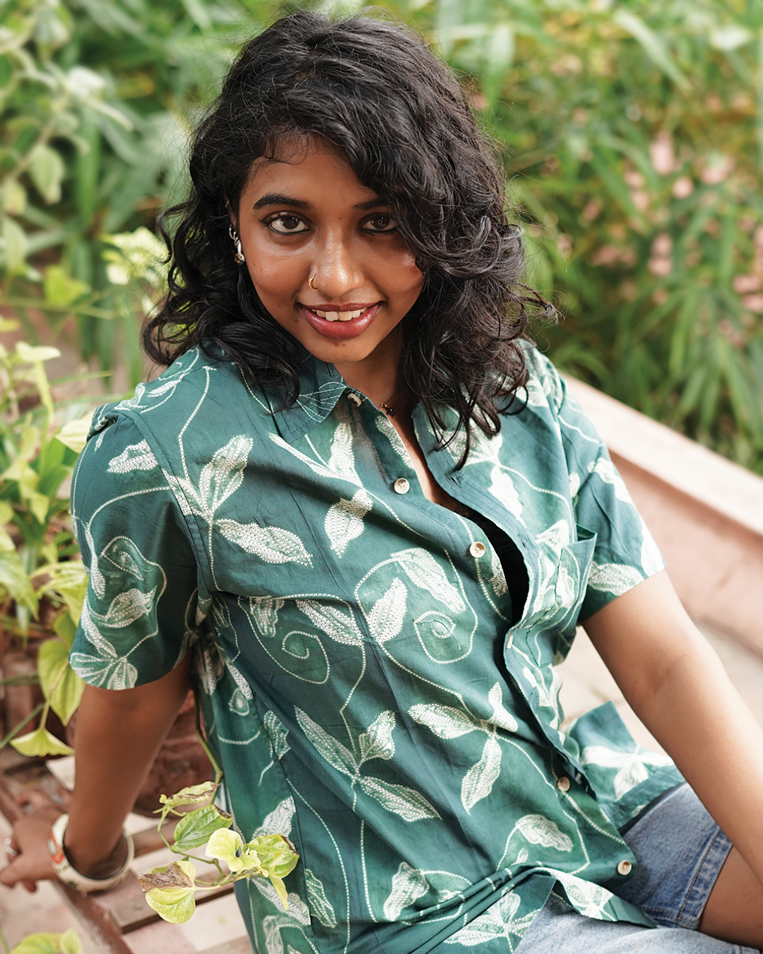 SHIBORI GREEN FLORAL SHIRT
