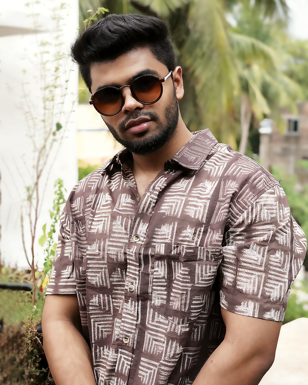 SHIBORI BROWN GEOMETRIC SHIRT