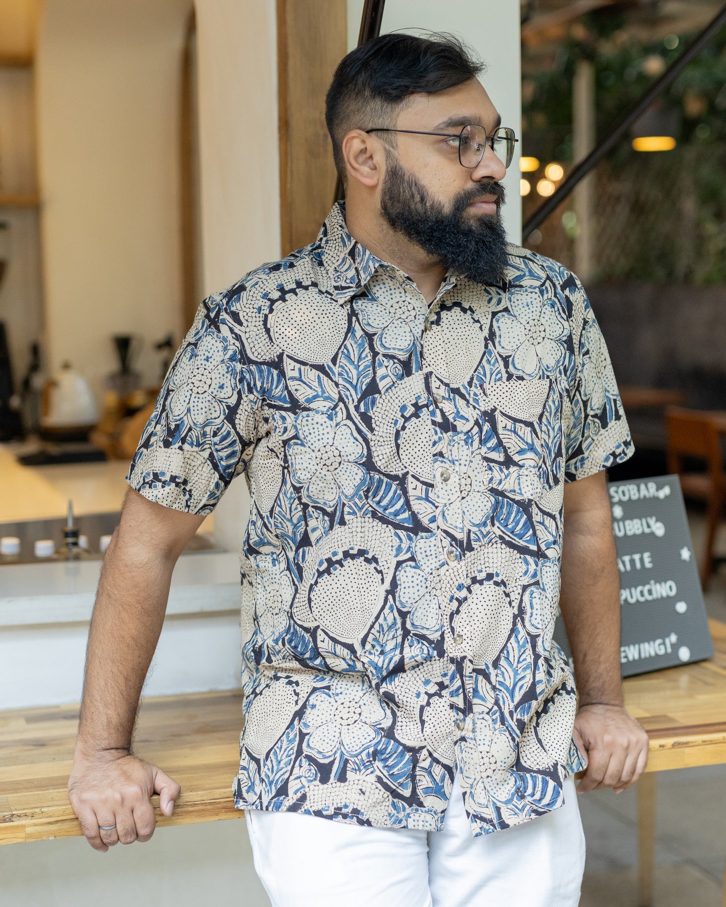 KALAMKARI INDIGO BIG FLORAL SHIRT