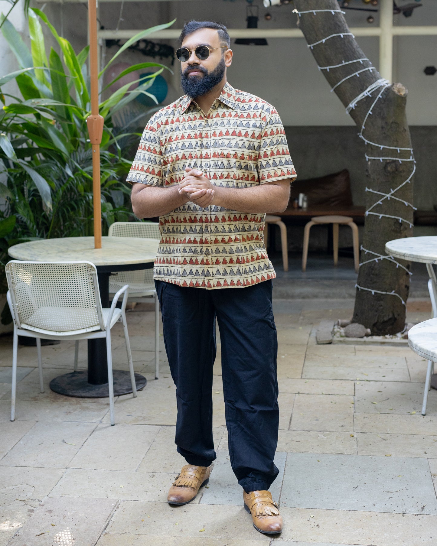 KALAMKARI TERRACOTTA GREY TRIANGLE SHIRT