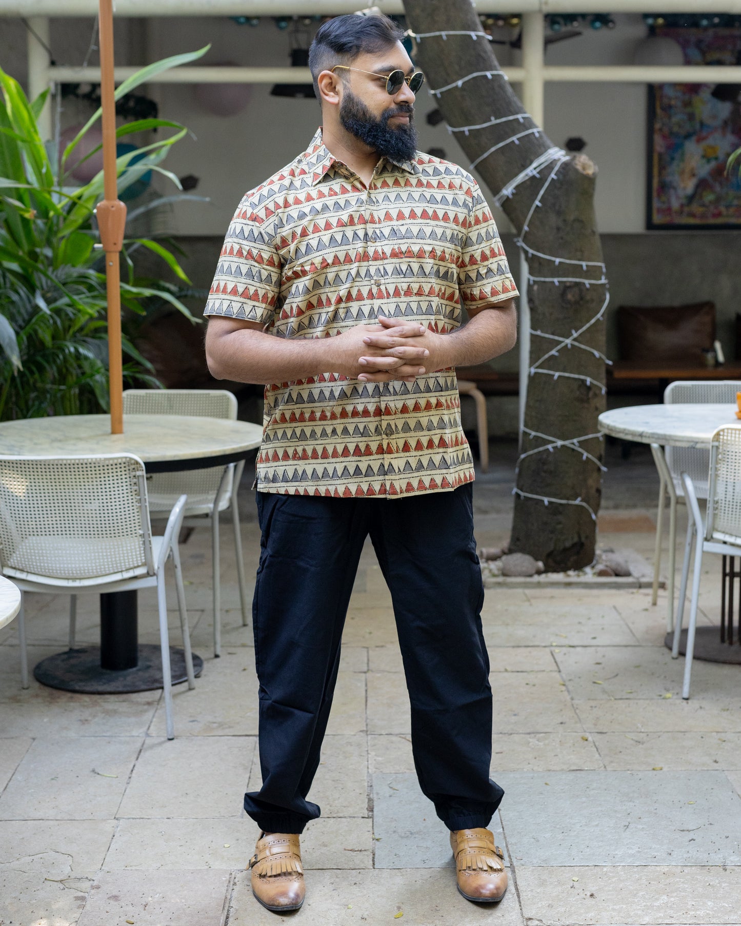 KALAMKARI TERRACOTTA GREY TRIANGLE SHIRT