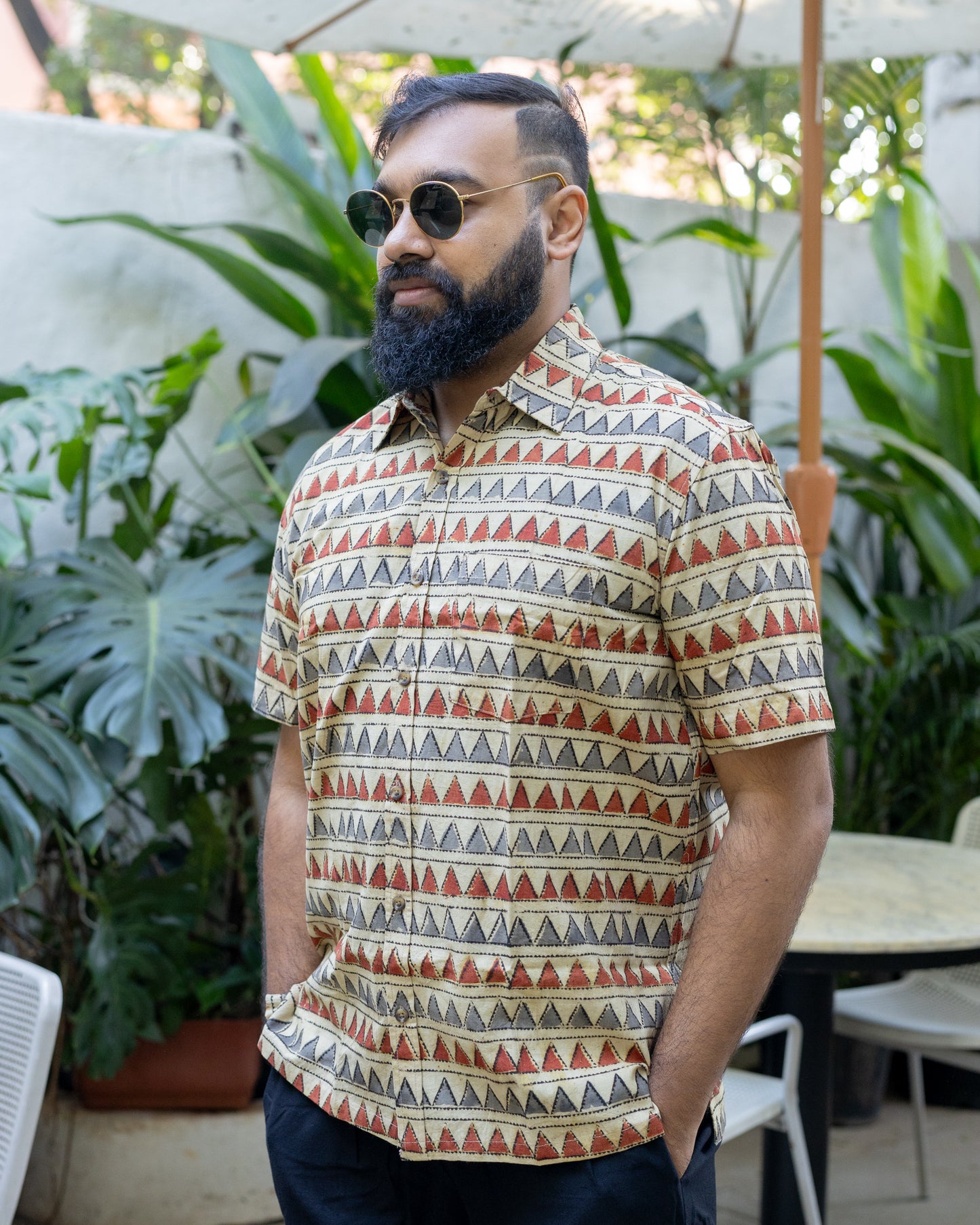 KALAMKARI TERRACOTTA GREY TRIANGLE SHIRT