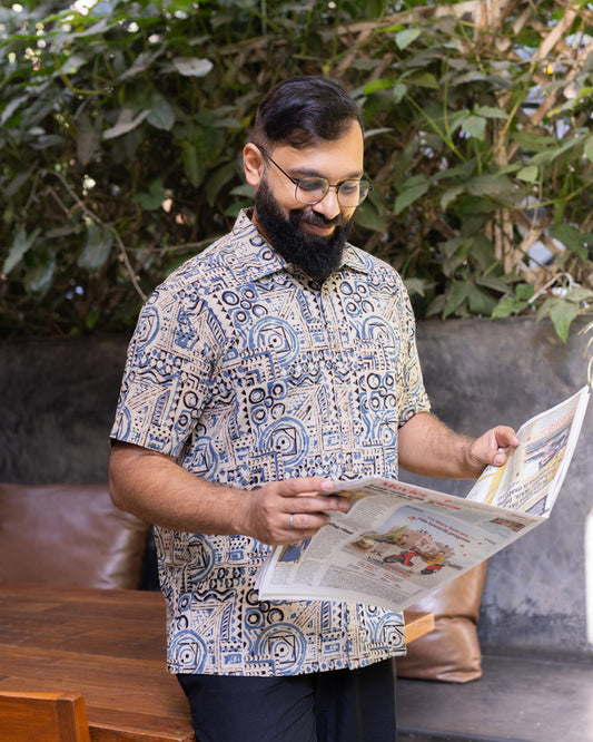 KALAMKARI INDIGO BIG GEOMETRIC SHIRT