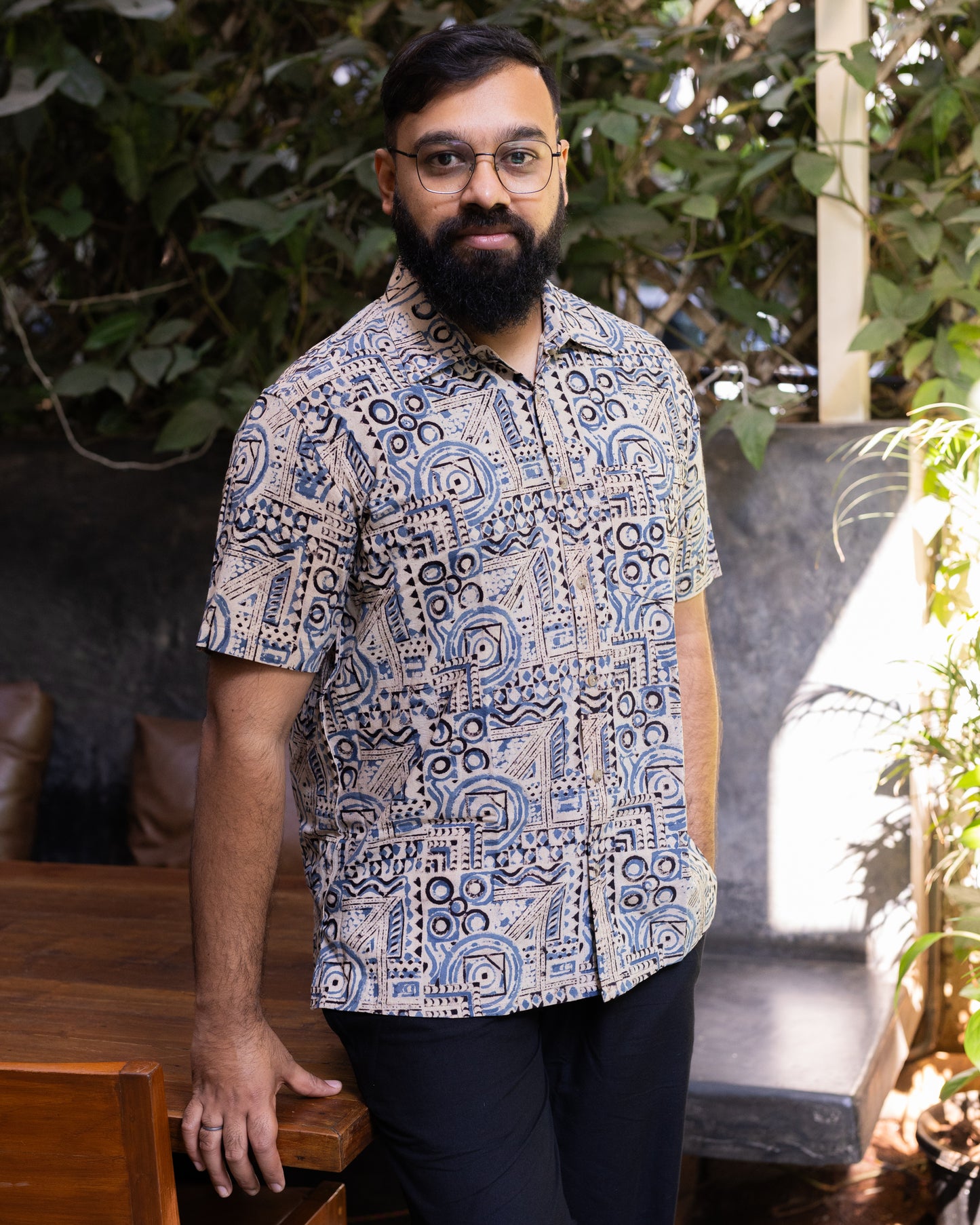 KALAMKARI INDIGO BIG GEOMETRIC SHIRT